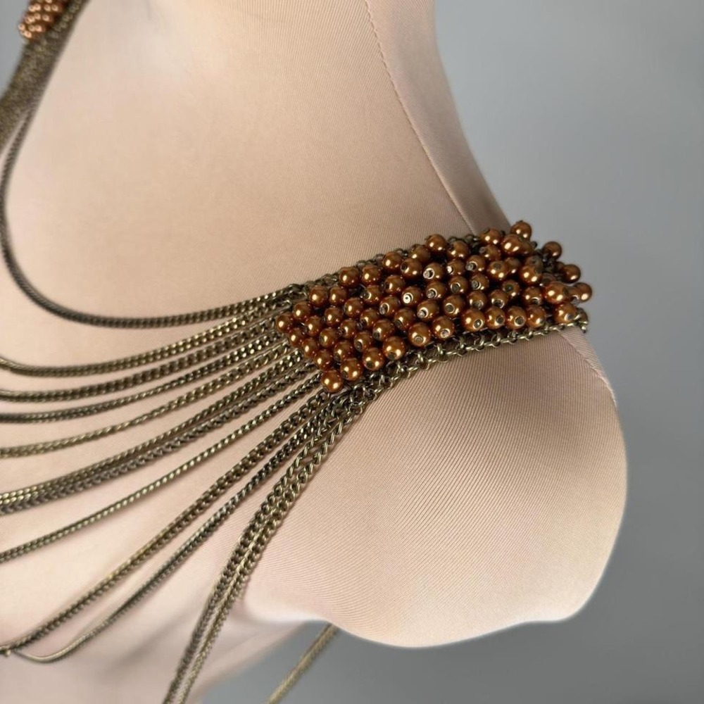Statement Shoulder Necklace Bib Chains‎ Draped Beads Bronze Tone - Picture 5 of 7